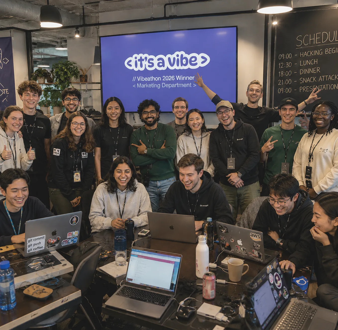 A winning team celebrating at a vibeathon, with 'it's a vibe — Vibeathon 2026 Winner' on the big screen